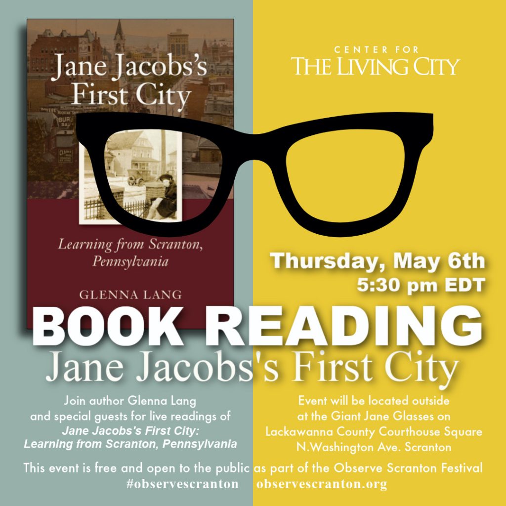 Graphic for book reading - jane jacobs's first city book launch in scranton 